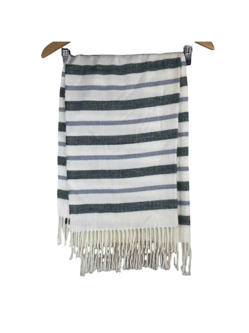 Striped Fringe Blanket Scarf One Size Wrap Soft Cozy Oversized White Blue Winter